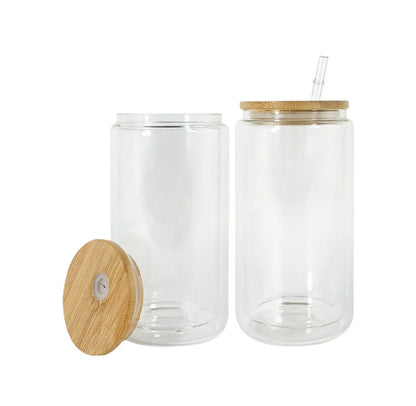 16oz Glass Double Wall Snow Globe Tumbler with Pre Drilled Side Hole Bamboo with Plug, Lid and Plastic Straw