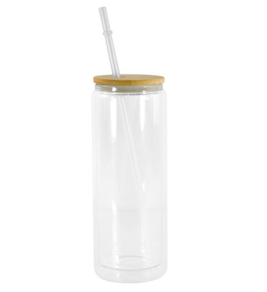 25oz Glass Double Wall Snow Globe Tumbler with Pre Drilled Side Hole Bamboo with Plug, Lid and Plastic Straw