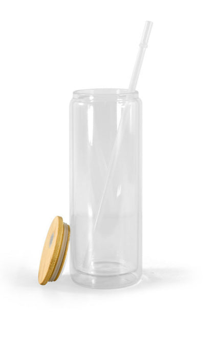 25oz Glass Double Wall Snow Globe Tumbler with Pre Drilled Side Hole Bamboo with Plug, Lid and Plastic Straw